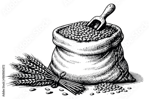 Hand drawn line art illustration of a grain sack with wheat ears depicting harvest and abundance for agricultural themes