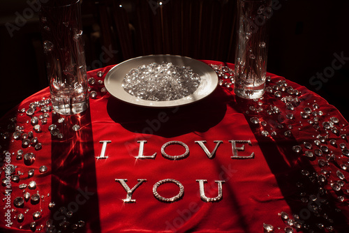 Romantic Table Setting with Love Message. Romantic table setting with 'I Love You' message, ideal for Valentine's Day or romantic events.