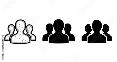 Three styles of group icons: hand-drawn, silhouette, pixel art