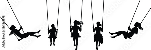 Children swinging silhouettes vector illustration of playful kids on playground swings isolated on white background joyful childhood activity concept