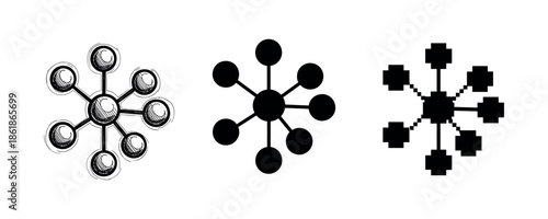 Three network icon variations with circular and pixel design styles