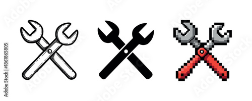 Three styles of wrench and pliers: sketch, solid, pixel art variations