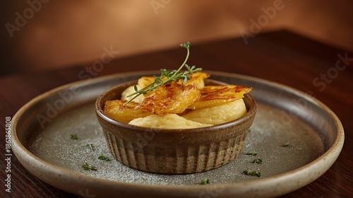 A beautifully plated Tartiflette served in a rustic ceramic dish, with crispy golden-brown cheese bubbling on top.