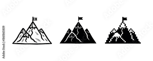 Set of stylized mountain icons with flags in flat, silhouette, pixel art styles