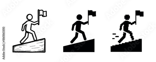 Three stylized figures climbing with flags in abstract representation