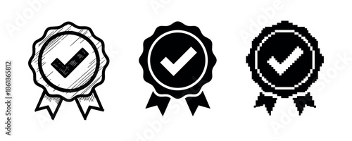 Set of checkmark ribbons in sketched, solid, and pixelated styles