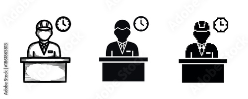 Three stylized worker icons in different art styles with clocks