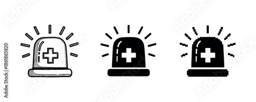 Emergency siren icons with medical cross in three styles