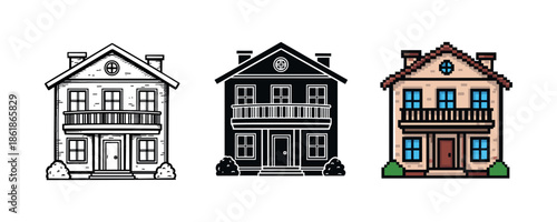 Three styles of house design: line art, solid black, pixel
