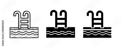 Set of three black and white swimming pool ladder icons with waves