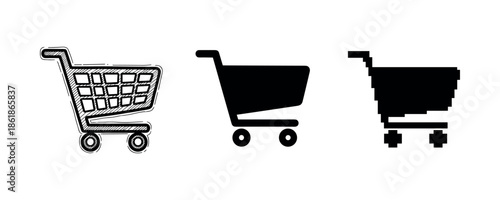 Shopping cart icons in sketch, solid, and pixel art styles