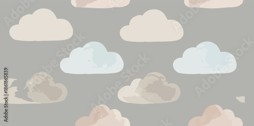 Stylized cloud pattern with soft rounded shapes in muted beige, blue, pink tones on gray background, flat vector illustration