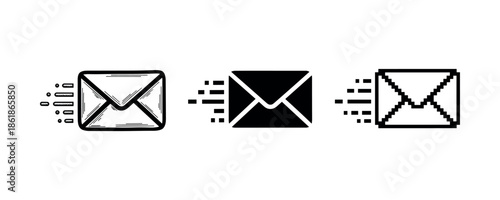 Set of three email icons illustrating mail communication in black and white