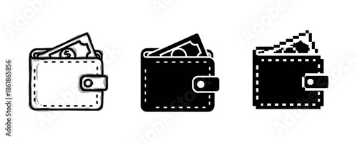 Three styles of wallets with money: sketch, solid black, and dotted design