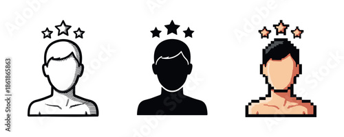 Three stylized male silhouettes with stars overhead in different art styles