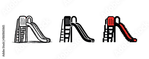 Three playground slide designs: sketch, solid, pixel art