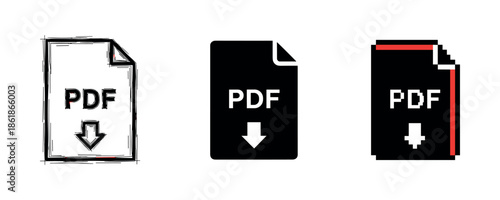 Set of three pdf file icons with download arrows in different styles