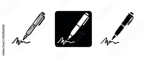 Ink pen icon set with different styles and pixel art design