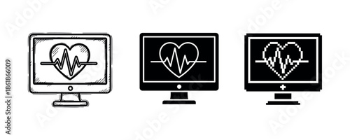 Set of heartbeat monitor computer icons in sketch, solid, and pixel art styles