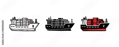 Set of three cargo ships with containers in black and red vector illustration