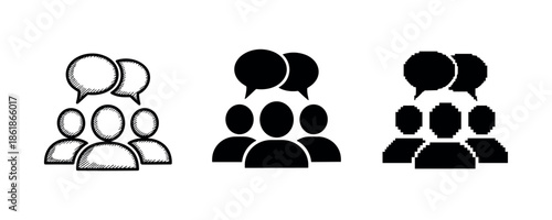 Three distinct communication icons: sketch, solid, and pixel art styles