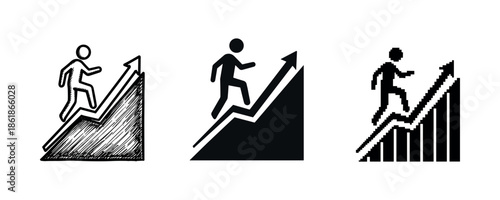 Stick figures climbing arrow graphs illustrating growth and progress
