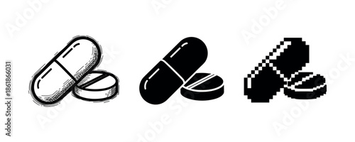Pills in engraved, silhouette, and pixelated styles on white background