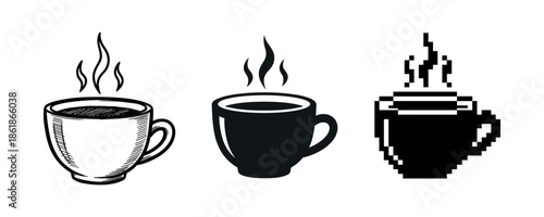 Three coffee cup styles: sketch, silhouette, pixel art with steam