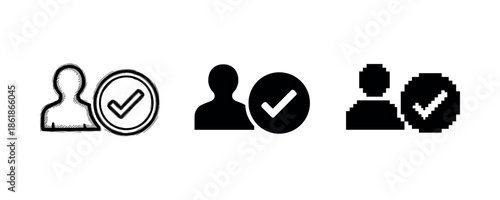 Person icons: sketch, solid, and pixel styles with check marks