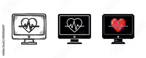 Digital heartbeat: three monitors displaying heartbeat graphics