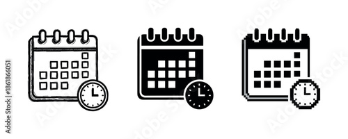 Set of three black and white calendar icons with clocks