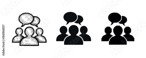 Diverse chat icon set: sketch, solid, pixel style variations