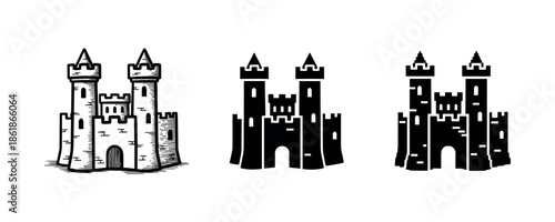 Set of three medieval castle icons in black and white style