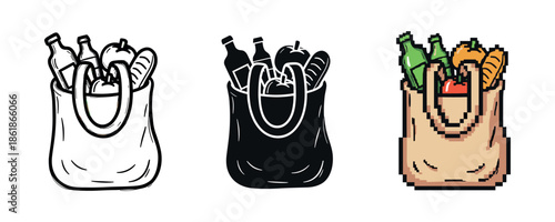 Stylized grocery bags with bottles and vegetables in three artistic styles