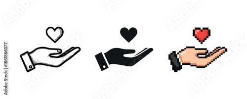 Hand presenting heart icons: sketch, silhouette, and pixel art styles
