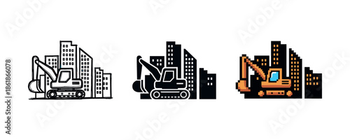 Evolution of excavators: vintage, modern, and pixel art styles in urban settings