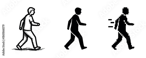 Evolution of walking styles with male figures in sketch, silhouette, and pixel art