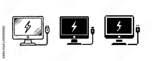 Three stylized computer monitors with charging cables and lightning bolt icons