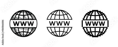 Set of globe www icons in sketch, outline, and pixel styles