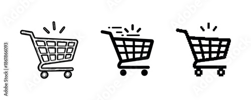 Set of three shopping cart icons in various art styles