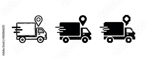 Set of delivery truck icons with location markers in different styles