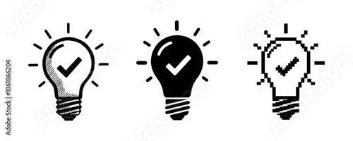 Conceptual light bulbs with check marks: illustrations of ideas and innovation