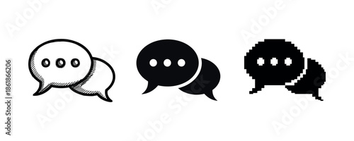 Three speech bubble icons in different styles: sketch, solid, pixel