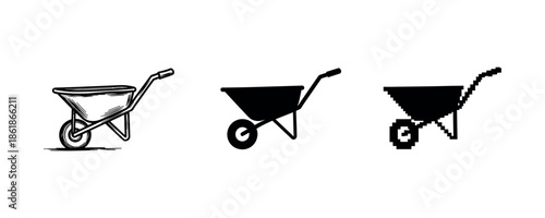 Evolution of wheelbarrow: sketch, silhouette, and pixel art styles