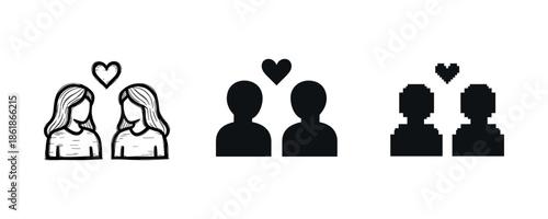 Three styles of couples with hearts: hand-drawn, solid, pixel art