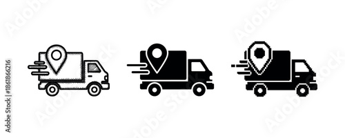 Icon set of delivery trucks with location pins in three different styles