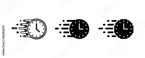 Three varied speedy clock icons depicting time motion