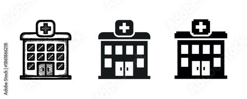Medical facility icons set: sketch, filled, glyph hospital symbols