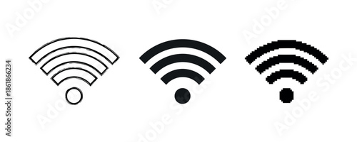Three wi-fi signal icon variations: sketch, solid, pixelated
