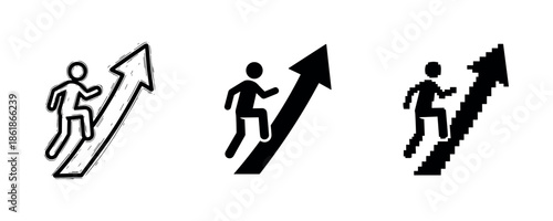 Person climbing upward arrow icon set in different styles